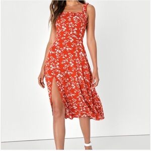 Lulu's | Dresses | Ruffle Neck Red Floral Midi Dress | Size L